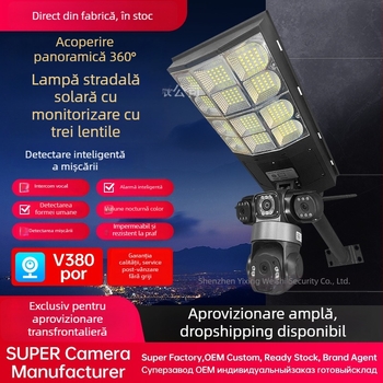 Cameră de supraveghere solară pentru exterior, cu trei obiective și Wi-Fi, obiectiv de 4 mm, monitorizare la distanță în înaltă definiție