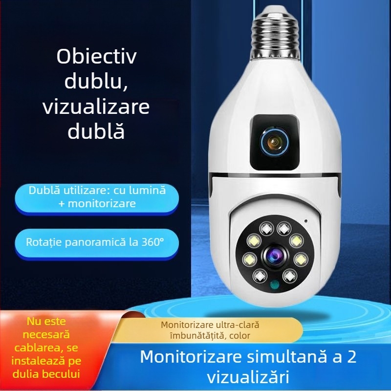 Cameră WiFi fără fir, color HD, vizionare pe timp de noapte, obiectiv dual, soclu E27 – fără găurire