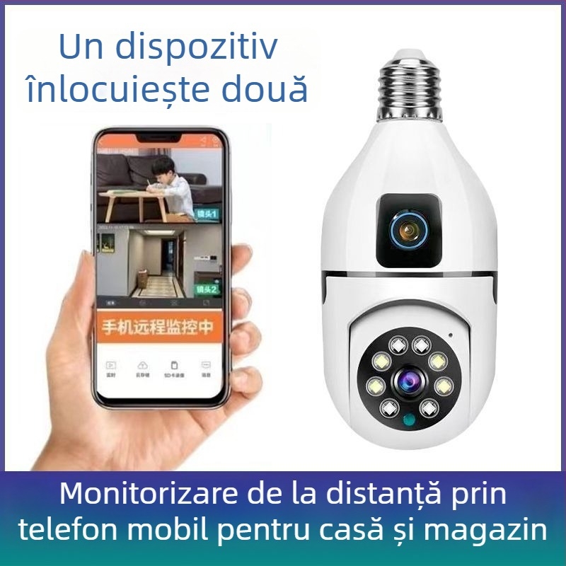 Cameră WiFi fără fir, color HD, vizionare pe timp de noapte, obiectiv dual, soclu E27 – fără găurire