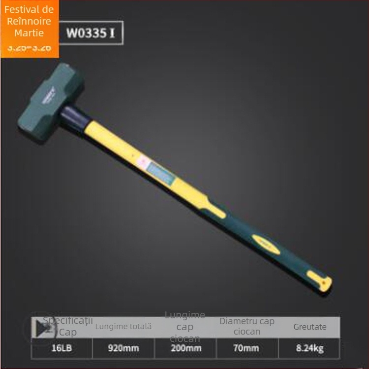 Power Lion ciocan octogonal cu mâner din fibră de sticlă, cap din oțel cu conținut înalt de carbon, 2–16 lb, model W0335A