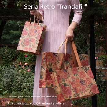 Geantă de hârtie Kraft cu roz vintage pentru îmbrăcăminte, Hanfu, genți, măști, cutii de pantofi, pungă cadou