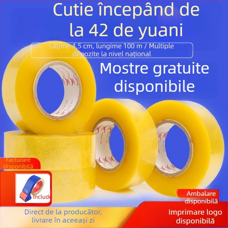 Bandă de ambalare transparentă, bandă de sigilare galbenă pentru ambalaje, adeziv pe bază de apă, lățime 4,2 cm, lungime 100 m