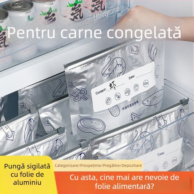 Pungi de conservare cu folie de aluminiu, etanșe, pentru frigider și congelator, compatibile cu cuptorul cu microunde, set 10 bucăți