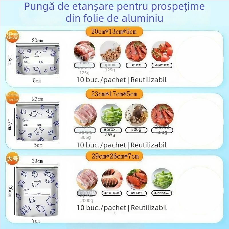 Pungi de conservare cu folie de aluminiu, etanșe, pentru frigider și congelator, compatibile cu cuptorul cu microunde, set 10 bucăți