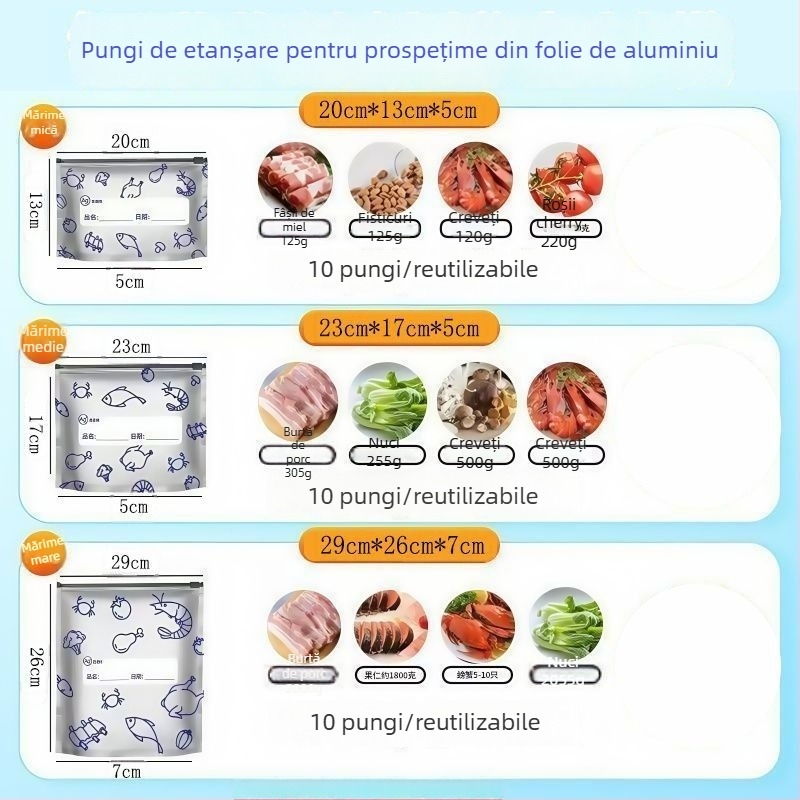 Pungi de conservare cu folie de aluminiu, etanșe, pentru frigider și congelator, compatibile cu cuptorul cu microunde, set 10 bucăți