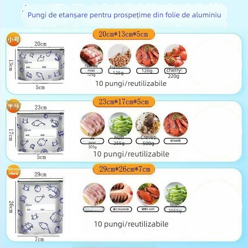 Pungi de conservare cu folie de aluminiu, etanșe, pentru frigider și congelator, compatibile cu cuptorul cu microunde, set 10 bucăți