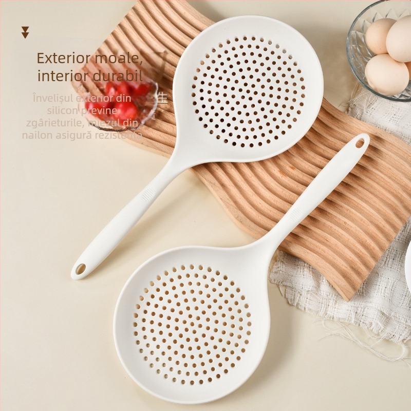 Lingură cu sită mare din silicon, mâner lung, de calitate alimentară, rezistentă la temperaturi înalte, pentru scurgerea pastelor și găluștelor
