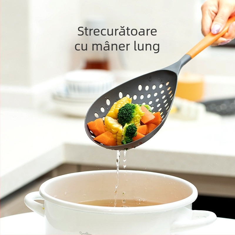 Lingură-țedă cu mâner lung, anti-alunecare, pentru dumplings și wonton, sită bucătărie, mare
