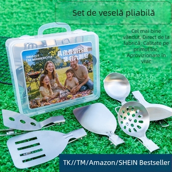 Set din oțel inoxidabil 304: lingură de supă pliabilă, lingură de strecurare și spatulă pentru prăjit pentru camping