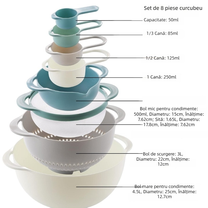 Set de 8 piese: linguri și căni de măsurare într-un design curcubeu, veselă de bucătărie, bol, unelte multifuncționale pentru coacere.