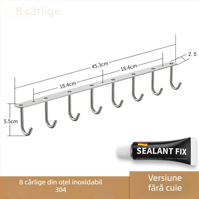 Suport de ușă din oțel inoxidabil 304, cu un rând lung de cârlige pentru pahare