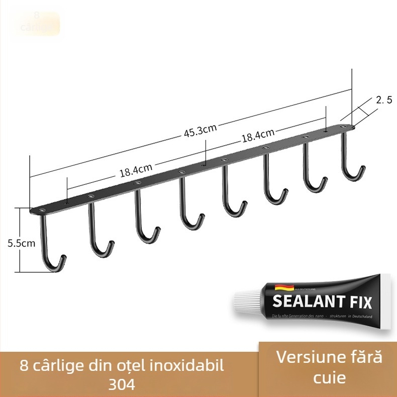 Suport de ușă din oțel inoxidabil 304, cu un rând lung de cârlige pentru pahare