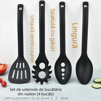 Set de ustensile de bucătărie din nylon rezistent la temperaturi înalte, patru piese: tigaie antiaderentă, lingură cu găuri, lingură de supă, lingură pentru paste