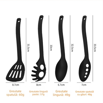 Set de ustensile de bucătărie din nylon rezistent la temperaturi înalte, patru piese: tigaie antiaderentă, lingură cu găuri, lingură de supă, lingură pentru paste