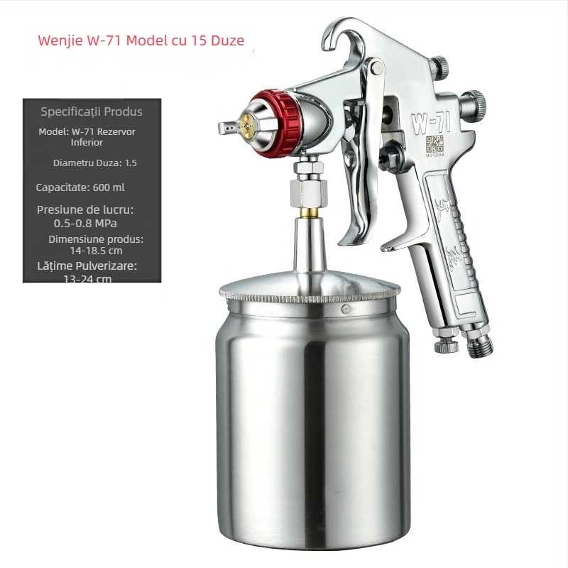 Pistol de vopsit auto Wen Jie W-71, vas superior W77 și vas inferior F75, atomizare înaltă
