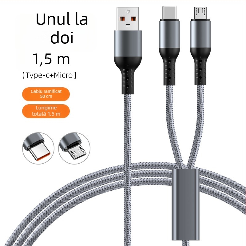 Cablă auto împletită pentru încărcare rapidă 3‑în‑1, ieșire dublă pentru Apple 17 și Huawei — Lightning, Micro-USB și Type-C, 6A, lungime 1–2 m