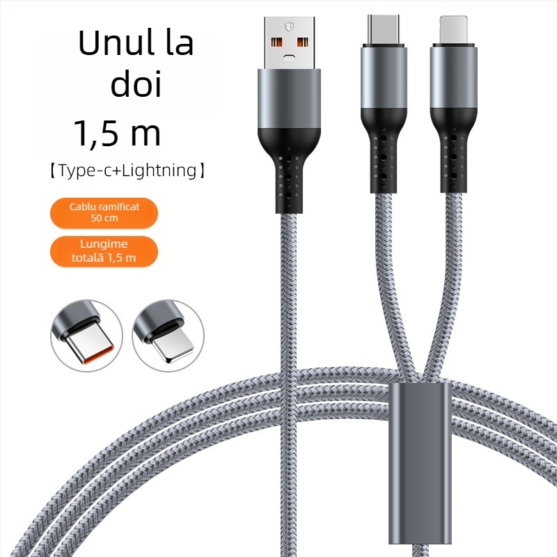 Cablă auto împletită pentru încărcare rapidă 3‑în‑1, ieșire dublă pentru Apple 17 și Huawei — Lightning, Micro-USB și Type-C, 6A, lungime 1–2 m