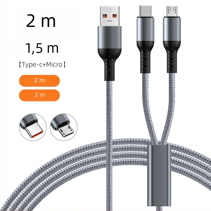 Cablă auto împletită pentru încărcare rapidă 3‑în‑1, ieșire dublă pentru Apple 17 și Huawei — Lightning, Micro-USB și Type-C, 6A, lungime 1–2 m