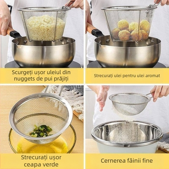 Coș de strecurat cu mâner lung, sită pentru paste, sită manuală, mare strecurătoare din oțel inoxidabil, coș pentru prăjit, filtru de ulei