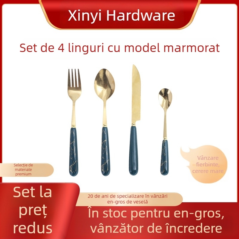 Set tacâmuri din oțel inoxidabil – cuțit, furculiță și lingură cu strat placat cu aur, set de patru piese