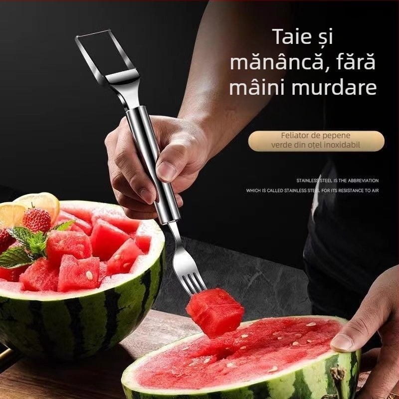 Cuțit din oțel inoxidabil, cu capete duble, pentru pepene și furculiță de fructe – instrument multifuncțional pentru divizarea pulpei