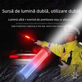 Bețișor de trafic cu LED roșu/albastru intermitent, fluier electronic, iluminare nocturnă de urgență și semnal rutier de avertizare