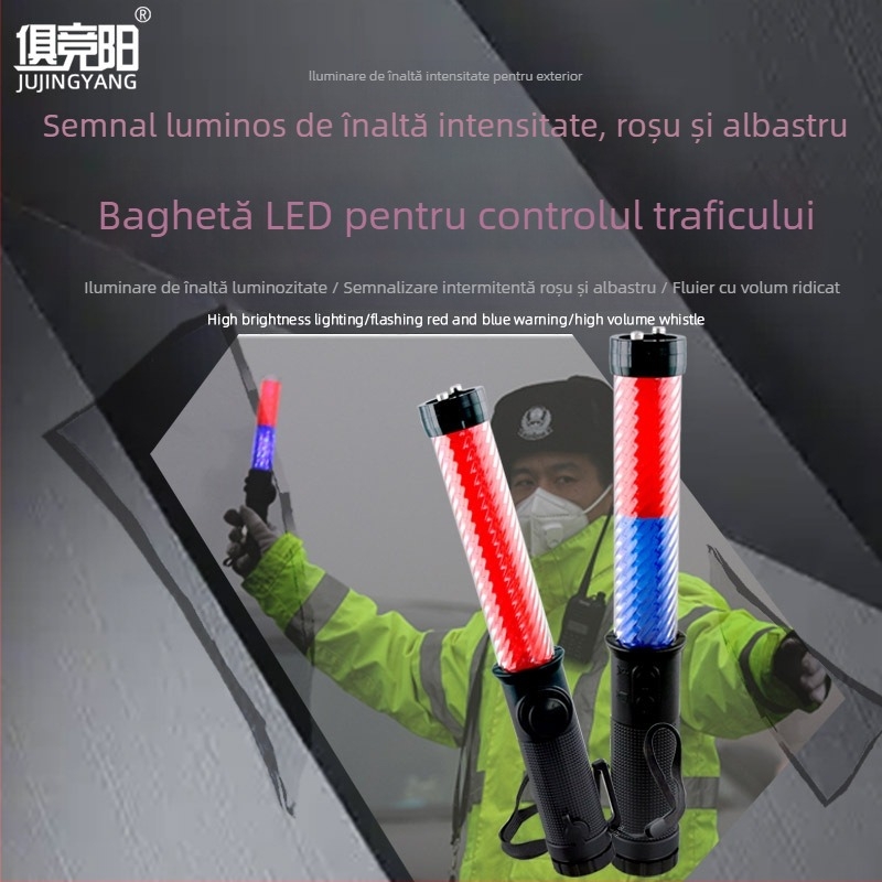 Bețișor de trafic cu LED roșu/albastru intermitent, fluier electronic, iluminare nocturnă de urgență și semnal rutier de avertizare