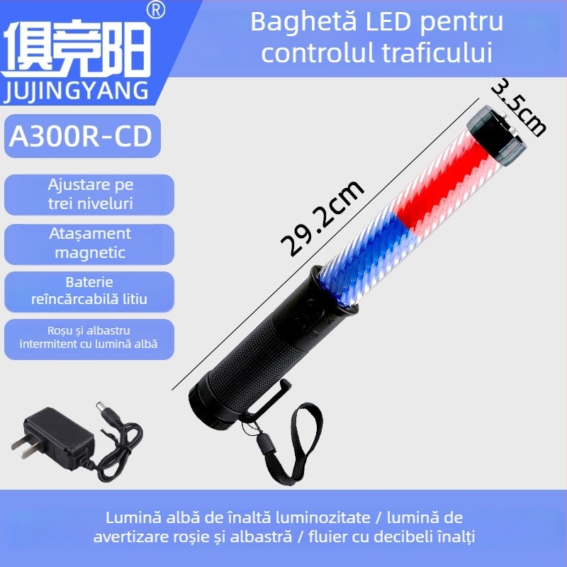 Bețișor de trafic cu LED roșu/albastru intermitent, fluier electronic, iluminare nocturnă de urgență și semnal rutier de avertizare