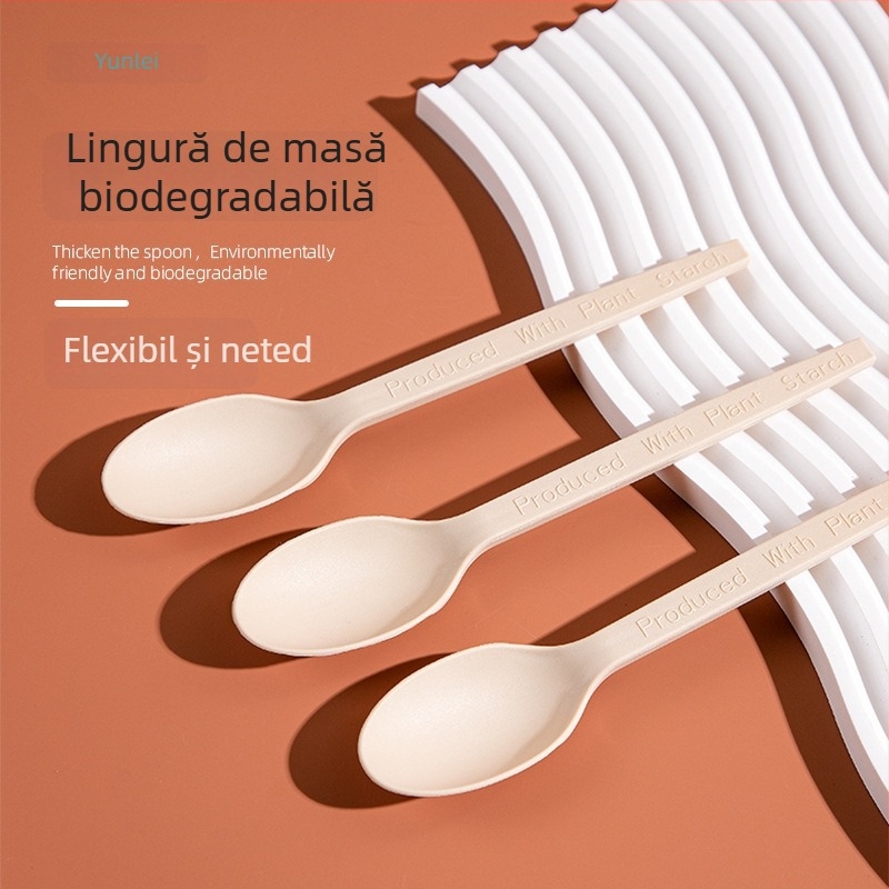 Lingură de unică folosință cu mâner lung pentru supă, orez și desert — calitate alimentară, biodegradabilă pe bază de porumb