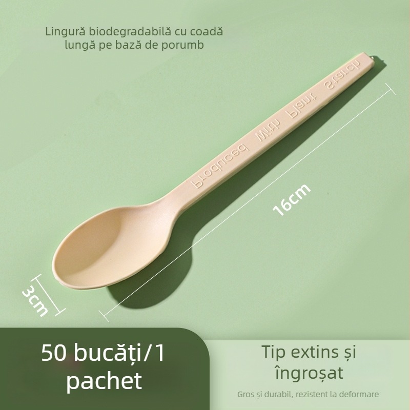 Lingură de unică folosință cu mâner lung pentru supă, orez și desert — calitate alimentară, biodegradabilă pe bază de porumb