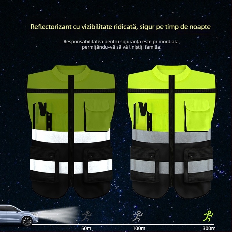 Vestă reflectorizantă premium cu guler rotund pentru șantiere, ciclism nocturn și patrulare