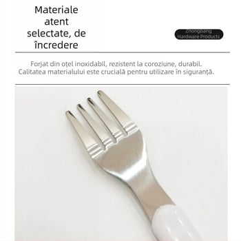 Set de tacâmuri pentru copii din oțel inoxidabil alb, include cuțit, furculiță, lingură și bețișoare de învățare cu mâner; stil nordic/european; oțel C1015.