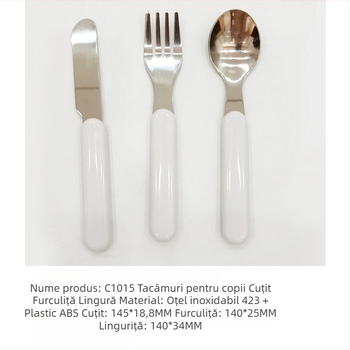 Set de tacâmuri pentru copii din oțel inoxidabil alb, include cuțit, furculiță, lingură și bețișoare de învățare cu mâner; stil nordic/european; oțel C1015.