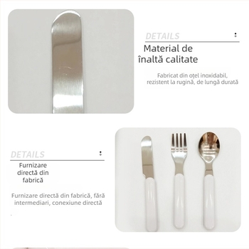 Set de tacâmuri pentru copii din oțel inoxidabil alb, include cuțit, furculiță, lingură și bețișoare de învățare cu mâner; stil nordic/european; oțel C1015.