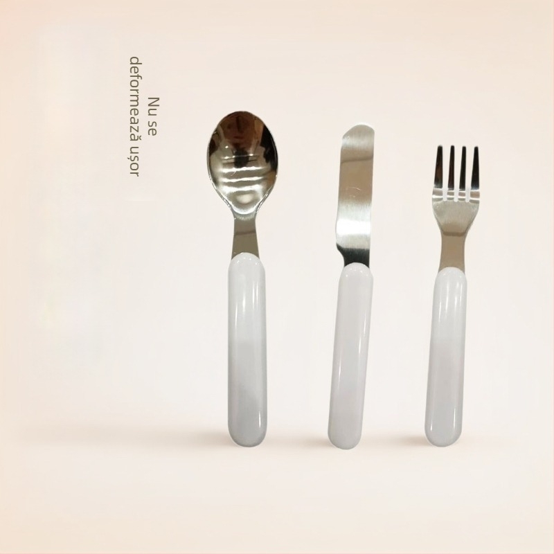 Set de tacâmuri pentru copii din oțel inoxidabil alb, include cuțit, furculiță, lingură și bețișoare de învățare cu mâner; stil nordic/european; oțel C1015.