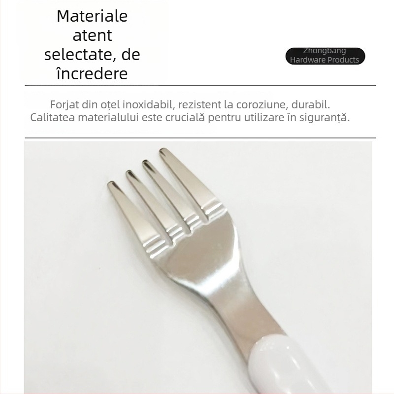 Set de tacâmuri pentru copii din oțel inoxidabil alb, include cuțit, furculiță, lingură și bețișoare de învățare cu mâner; stil nordic/european; oțel C1015.
