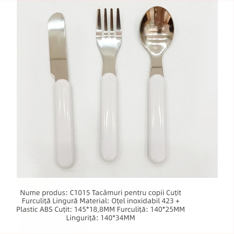 Set de tacâmuri pentru copii din oțel inoxidabil alb, include cuțit, furculiță, lingură și bețișoare de învățare cu mâner; stil nordic/european; oțel C1015.