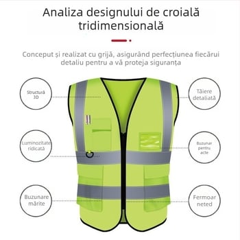 Vesta reflectorizantă de siguranță din plasă respirabilă, cu buzunare multiple și text imprimat pentru șantiere