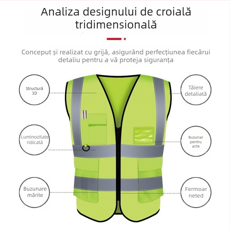 Vesta reflectorizantă de siguranță din plasă respirabilă, cu buzunare multiple și text imprimat pentru șantiere