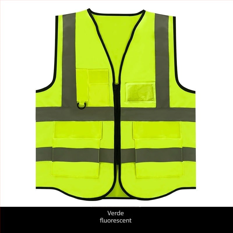Vesta reflectorizantă de siguranță din plasă respirabilă, cu buzunare multiple și text imprimat pentru șantiere