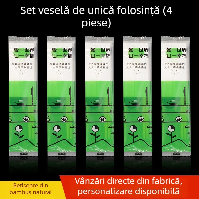 Set din bambus de unică folosință, patru piese: bețe pentru masă, lingură, cutie pentru prânz și ambalaj