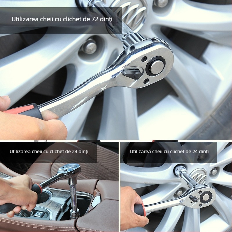 Set chei cu ratchet, două direcții; mâner drept 24 dinți și mâner curbat 72 dinți, pentru reparații auto