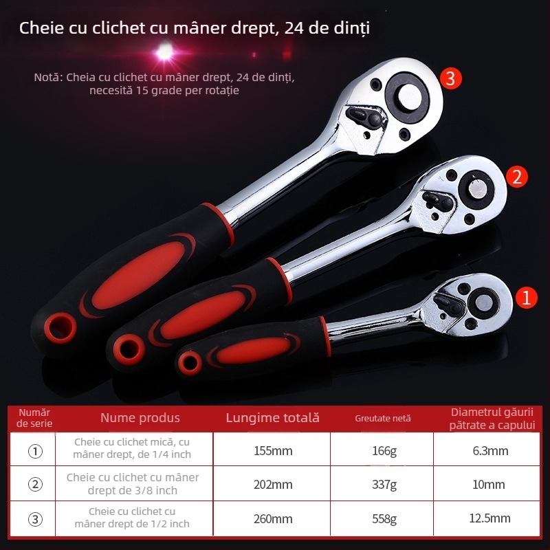 Set chei cu ratchet, două direcții; mâner drept 24 dinți și mâner curbat 72 dinți, pentru reparații auto