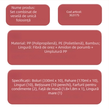 Set de tacâmuri de unică folosință cu bol, bețișoare, ceașcă și farfurie pentru camping în aer liber