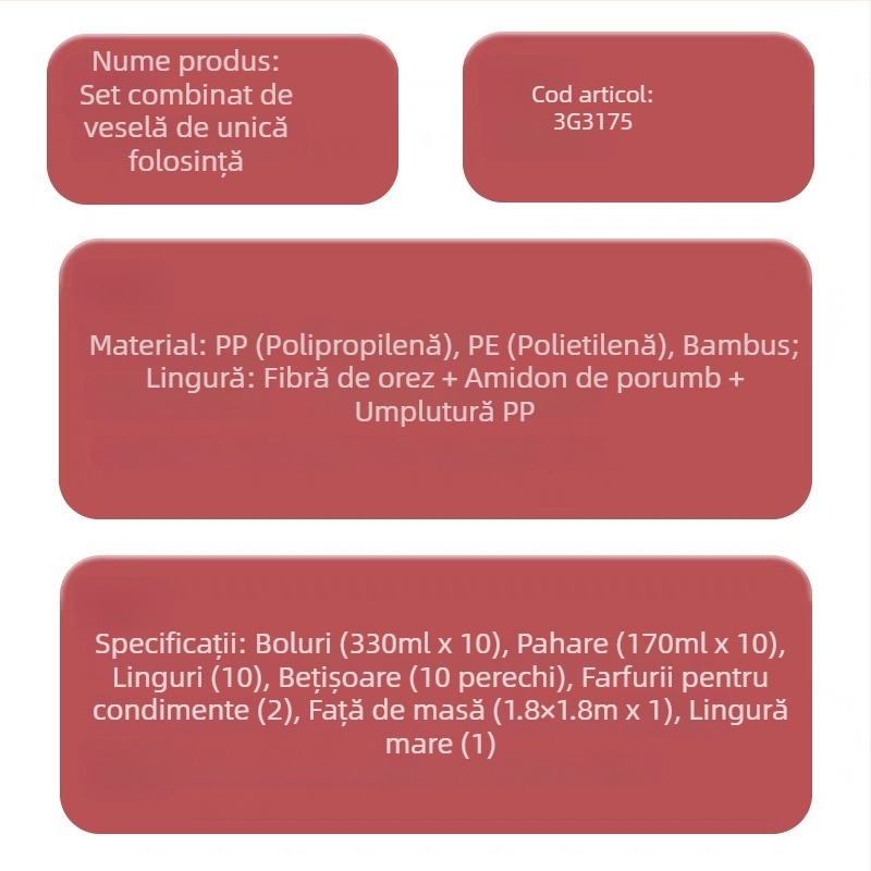 Set de tacâmuri de unică folosință cu bol, bețișoare, ceașcă și farfurie pentru camping în aer liber