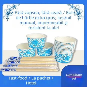 Set de tacâmuri ecologice, o singură utilizare: boluri de hârtie, căni de hârtie și bețișoare pentru uz casnic și picnic în aer liber