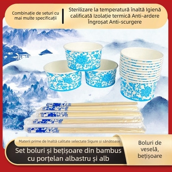 Set de tacâmuri ecologice, o singură utilizare: boluri de hârtie, căni de hârtie și bețișoare pentru uz casnic și picnic în aer liber
