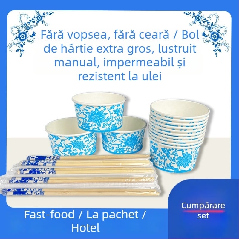 Set de tacâmuri ecologice, o singură utilizare: boluri de hârtie, căni de hârtie și bețișoare pentru uz casnic și picnic în aer liber