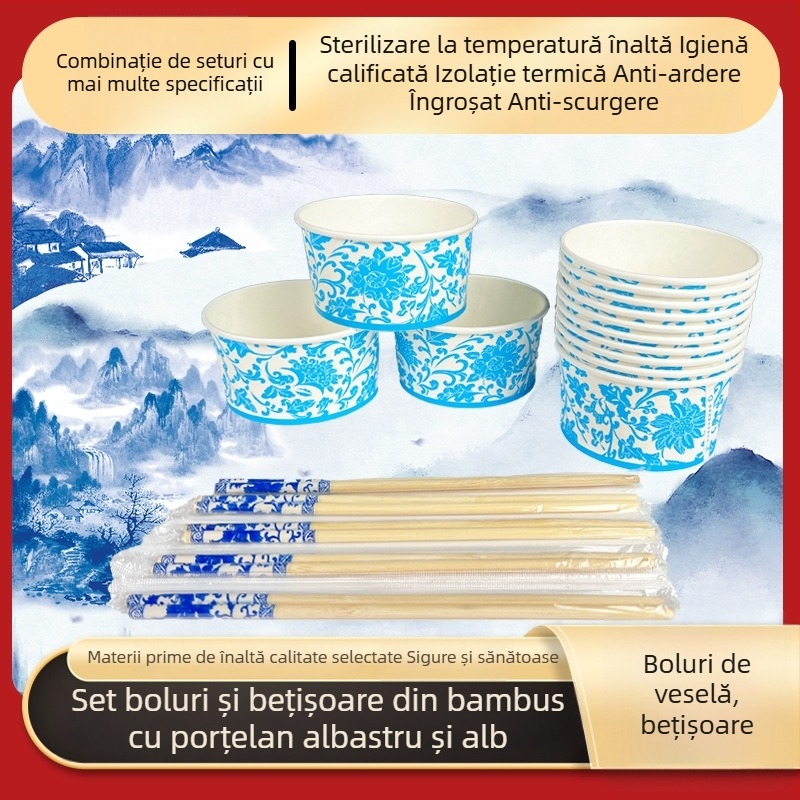 Set de tacâmuri ecologice, o singură utilizare: boluri de hârtie, căni de hârtie și bețișoare pentru uz casnic și picnic în aer liber