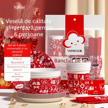 Yunlei set de masă de unică folosință pentru Anul Nou, pentru familie, 6 persoane, 4 piese: bețișe de lemn, boluri de hârtie, farfurii de hârtie și cești de hârtie